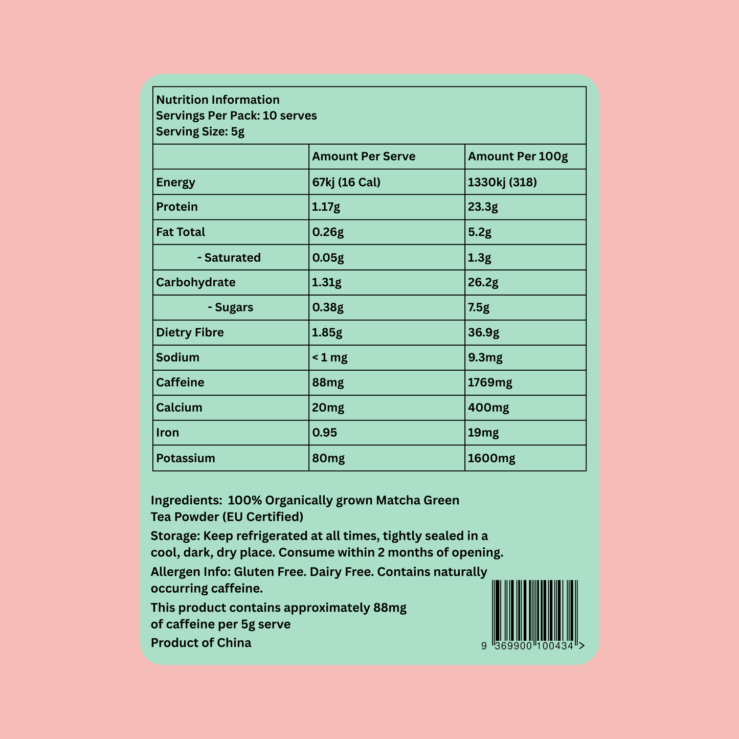 Nutrition Label 50g Pouch, 10 servings.