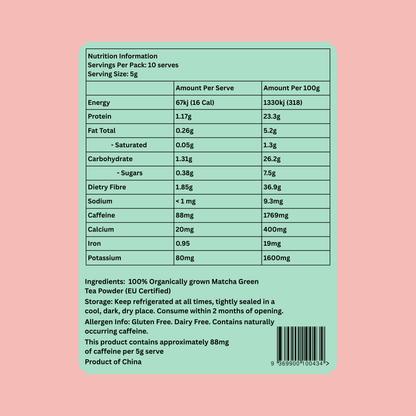 Nutrition Label 50g Pouch, 10 servings. 