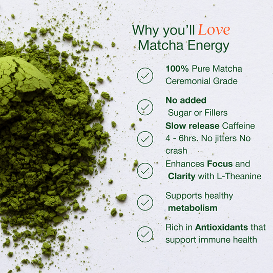 100% Pure Matcha, No added sugar or fillers, Slow release Caffeine, Calm Energy, High in Antioxidants